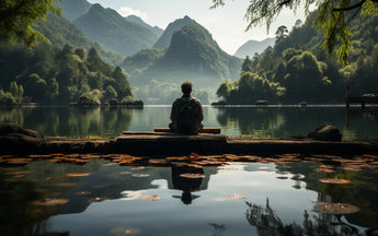 Person sitting on bank of a lake, looking out towards pine trees and mountains