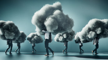 People walking in empty room, each with a thundercloud covering their head